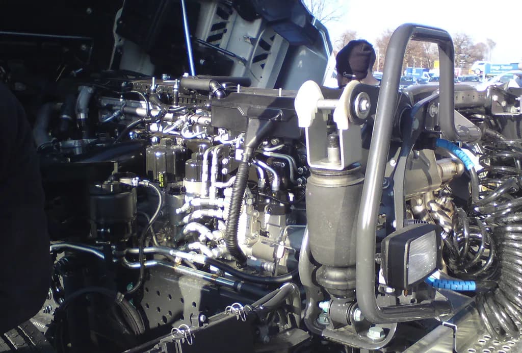 Actros 1845 OM 471 engine with cab tilted for service